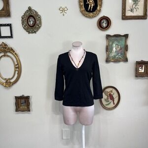 White + Warren Black V-Neck Long Sleeve Knit Top – Size Medium